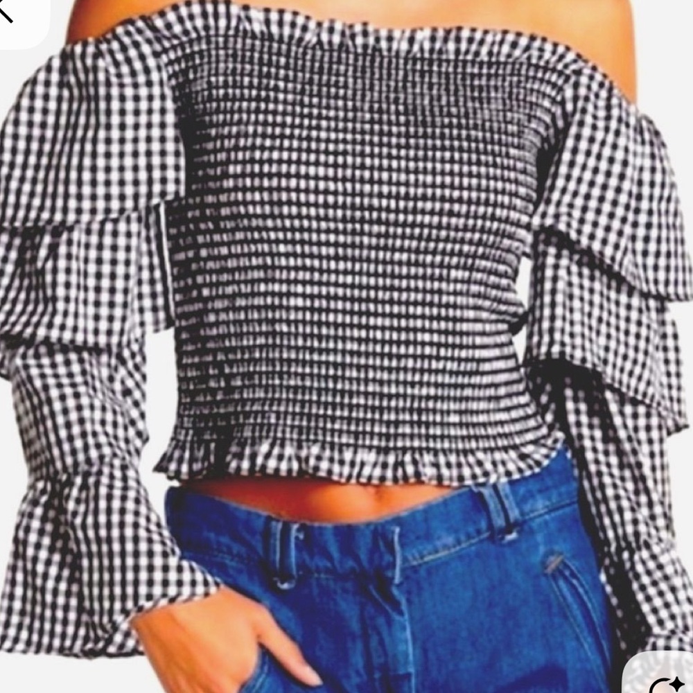 WAYF DENIS BLACK & WHITE CHECKERED OFF THE SHOULDER RUFFLED TOP BLOUSE SZ SMALL